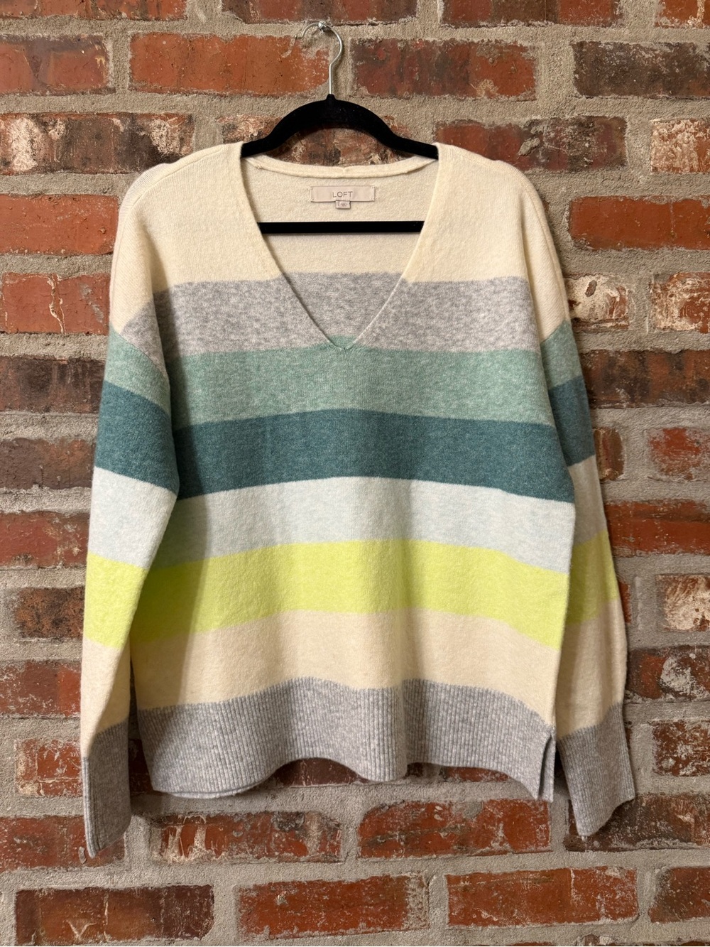 S74 -LOFT V-Neck Striped Sweater in Cream, Gray, Teal, Mint & Yellow